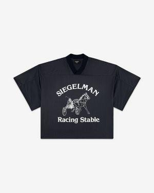 Front view of a black Racing Stable mesh jersey with white Siegelman, horse and sulky and Racing Stable graphic