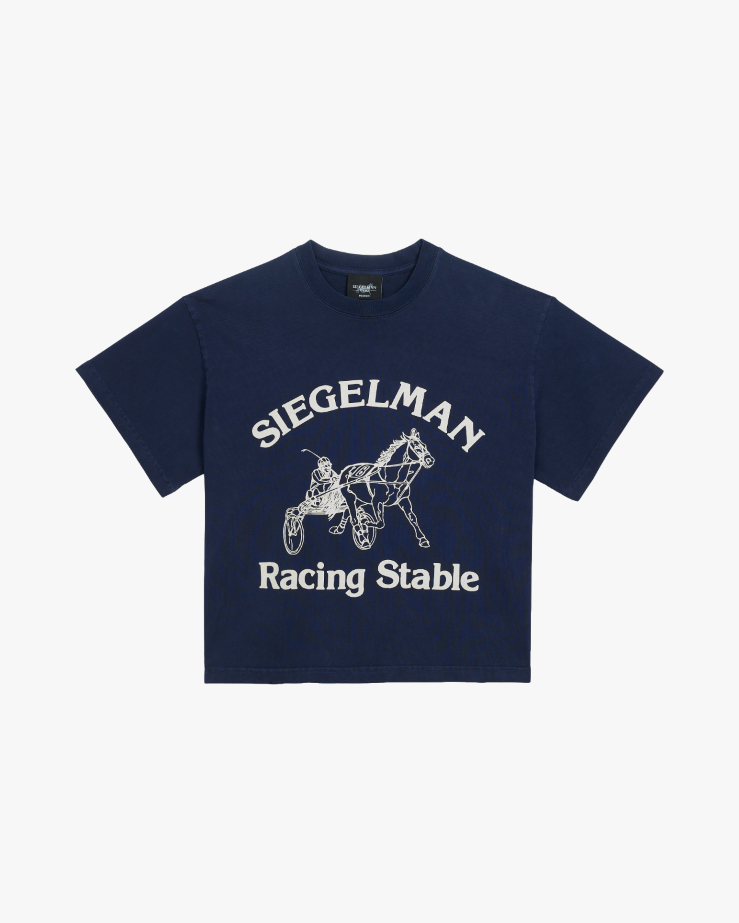 Navy blue t-shirt with white Siegelman Stable graphic and text on a white background