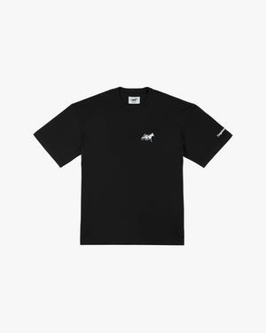 Front view of a black classic tee with small white horse and sulky embroidery on the chest and sleeve text