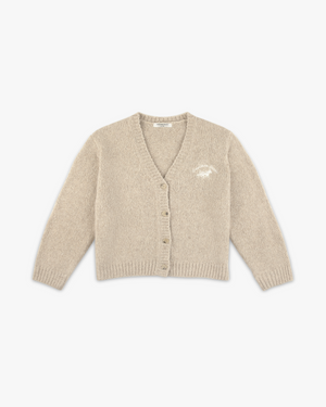 Front view of an oatmeal alpaca blend V-neck knit cardigan with small cream horse embroidery on the chest