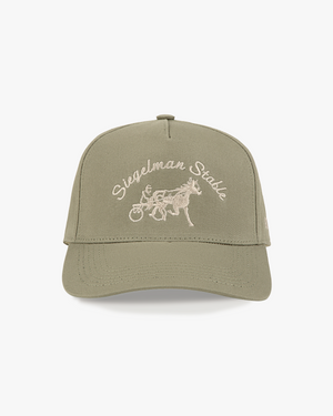 Front view of a green taupe 5-panel cap with ivory Siegelman Stable script and horse and sulky embroidery