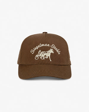 Front view of a dark brown 5-panel cap with ivory Siegelman Stable script and horse and sulky embroidery
