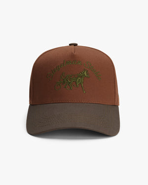 Front view of a brown and green two-tone 5-panel cap with olive Siegelman Stable script and horse logo
