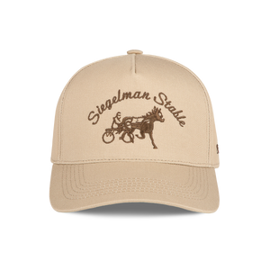 Front view of a khaki 5-panel cap with ash brown Siegelman Stable script and horse and sulky embroidery