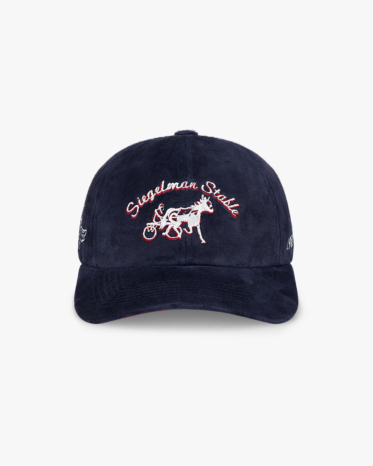Front view of the Indy 500 x Siegelman Stable navy suede dad hat with white and red script and horse logo