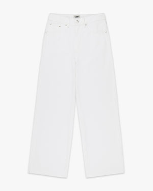 Front view of white denim wide leg coaches pants
