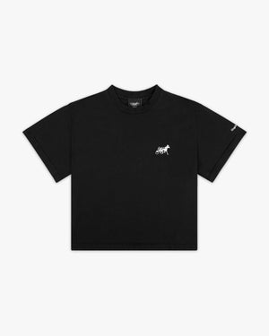 Front view of a black boxy tee with small white horse and sulky embroidery on the chest