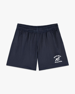 Front view of navy mesh shorts with white Siegelman Racing Stable horse and sulky graphic on the left leg