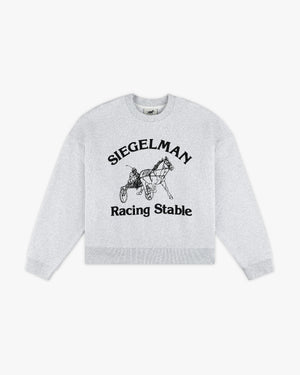 Front view of a heather grey crewneck with black Siegelman Racing Stable horse and sulky graphic