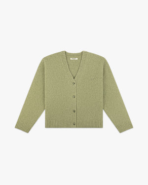 Front view of a sage green alpaca blend knit V-neck cardigan with button front