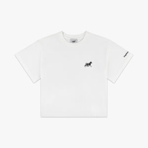Front view of a white boxy tee with small black horse and sulky embroidery on the chest