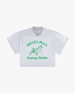 Front view of a gray Racing Stable mesh jersey with green Siegelman, horse and sulky and Racing Stable graphic