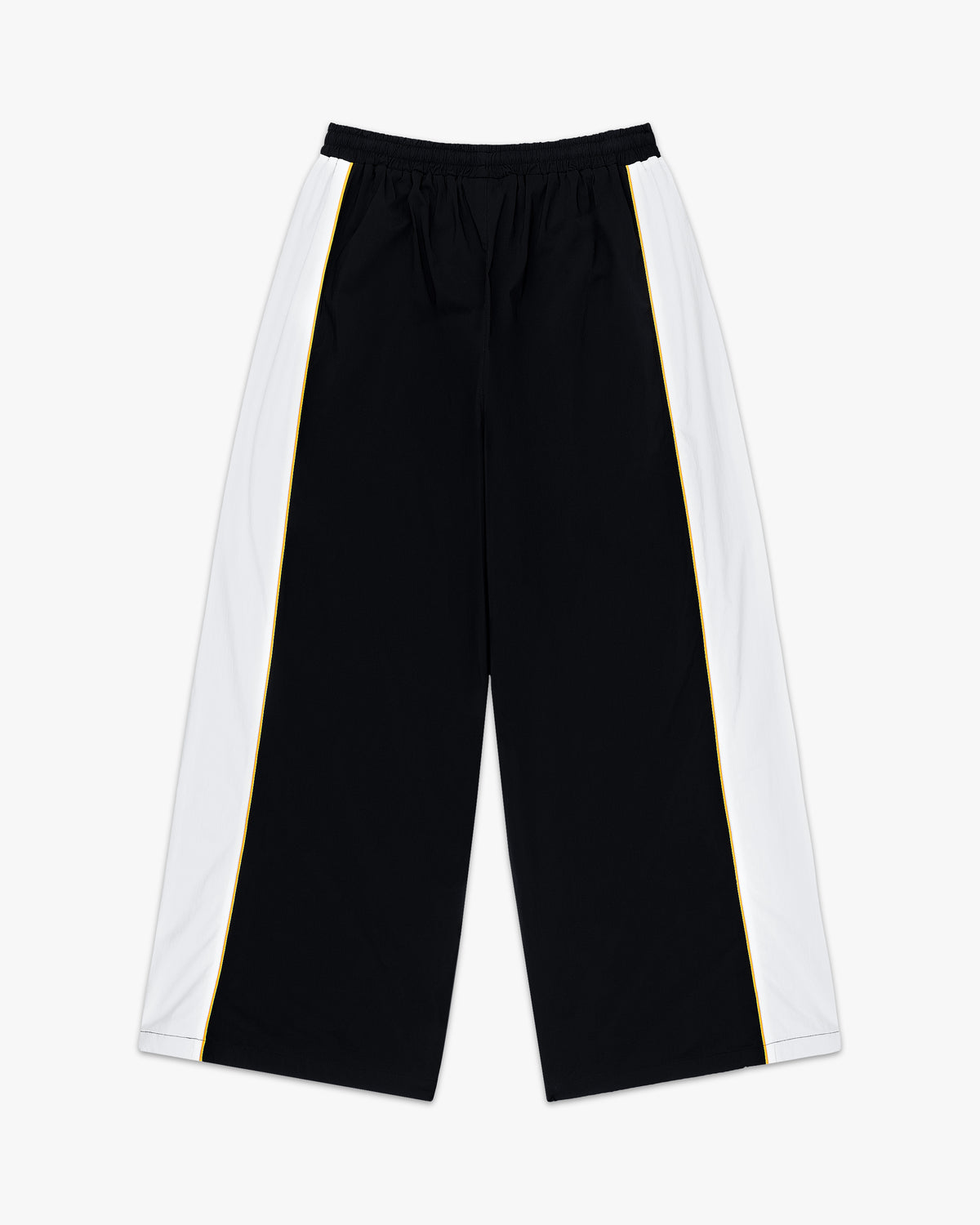 Front view of black wide leg track pants with white side panels and a thin yellow stripe
