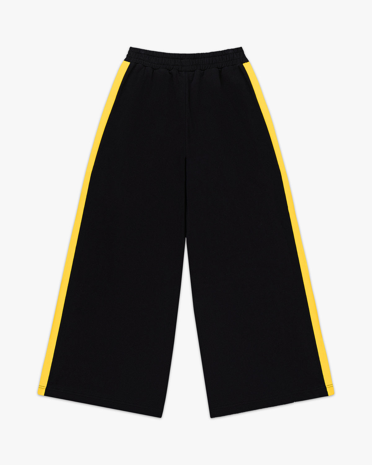 Back view of the black wide leg retro sweatpants with yellow side stripes