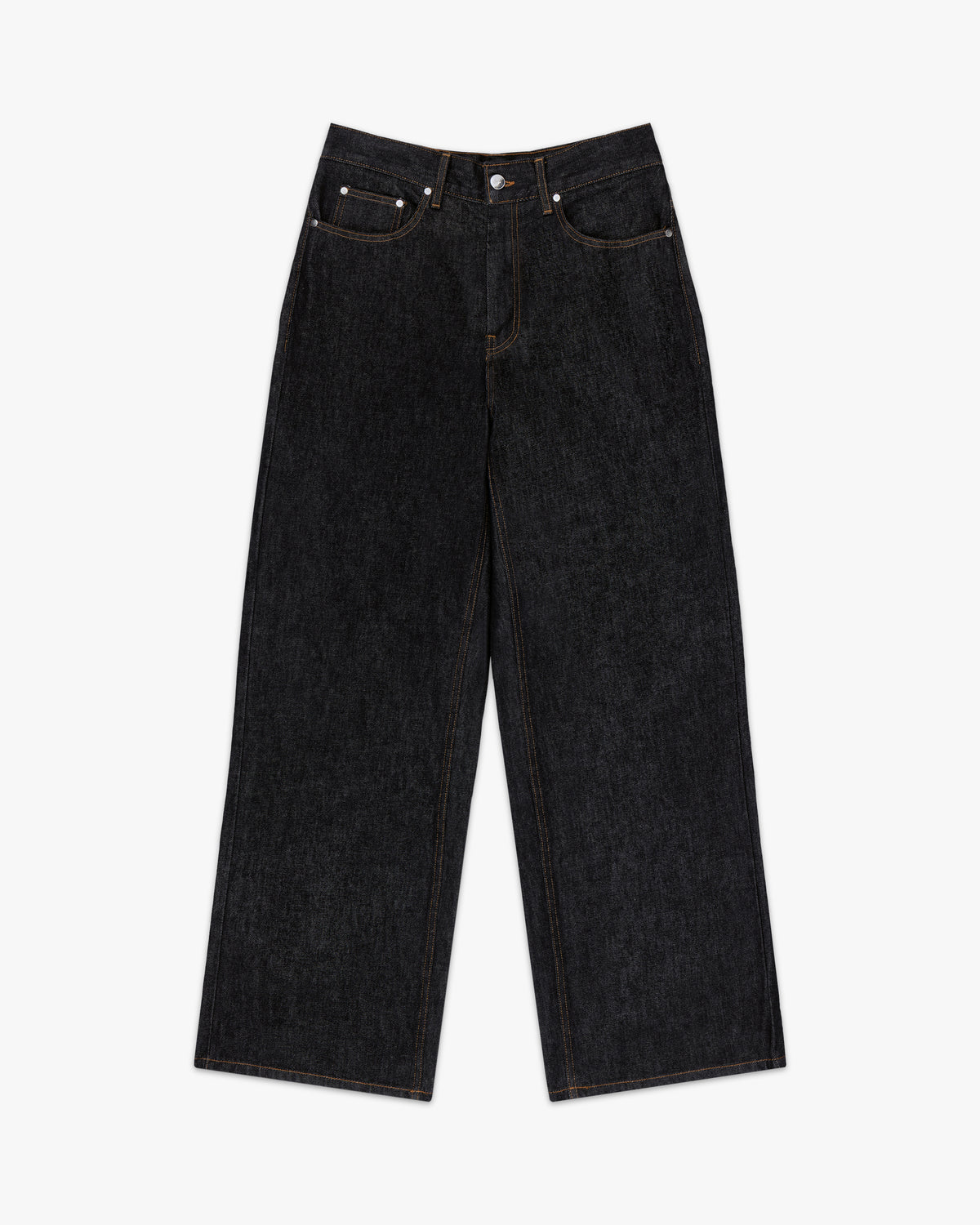 Front view of black raw denim 5 pocket straight leg jeans with a wide leg