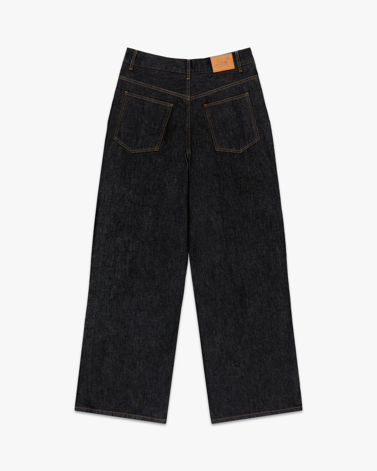 Back view of the black straight leg jeans with back pockets and tan leather waistband patch