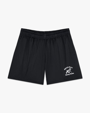 Front view of black mesh shorts with white Siegelman Racing Stable horse and sulky graphic on the left leg