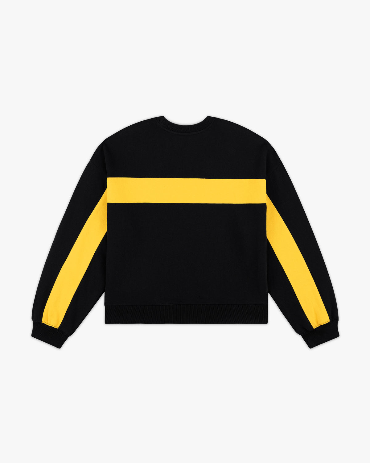 Back view of the black retro crewneck with yellow back stripe and yellow sleeve stripes