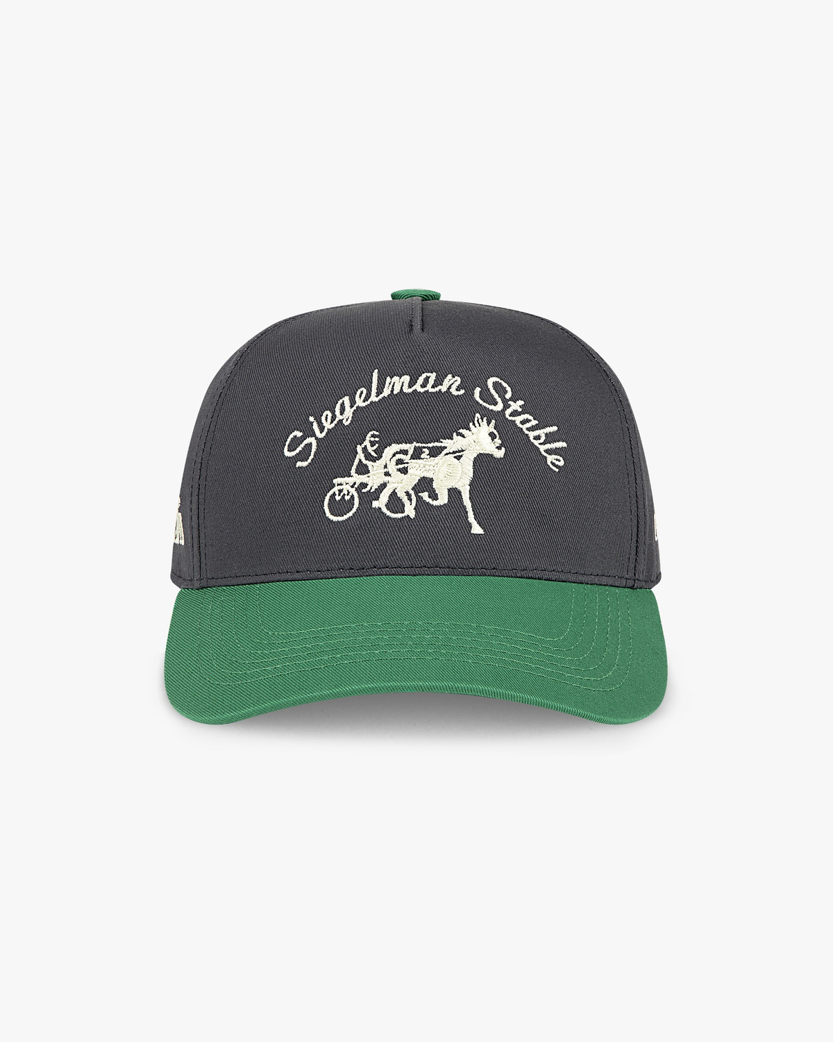 Front view of the Maxfli x Siegelman Stable 5-panel hat, charcoal crown, green visor and cream script and horse logo