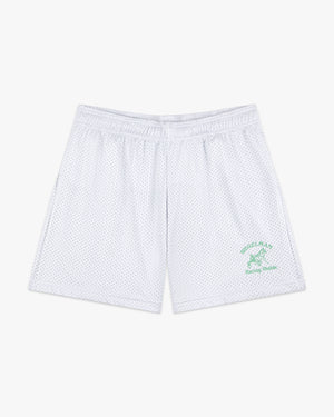 Front view of light gray mesh shorts with green Siegelman Racing Stable horse and sulky graphic on the left leg