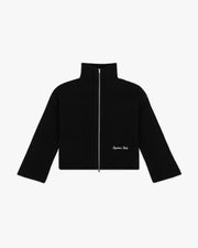 Front view of a jet black rib zip up cardigan with funnel collar and white Siegelman Stable script at the hem