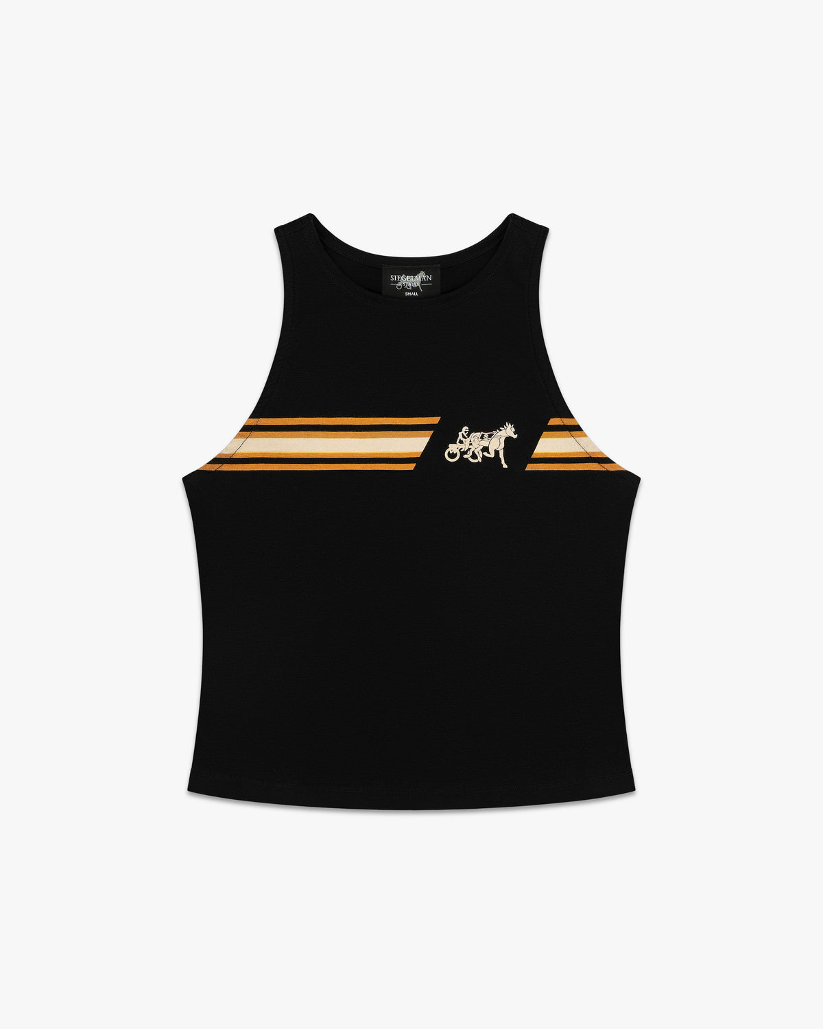 Front view of a black rib tank with orange and cream racing stripes and white horse and sulky script graphic