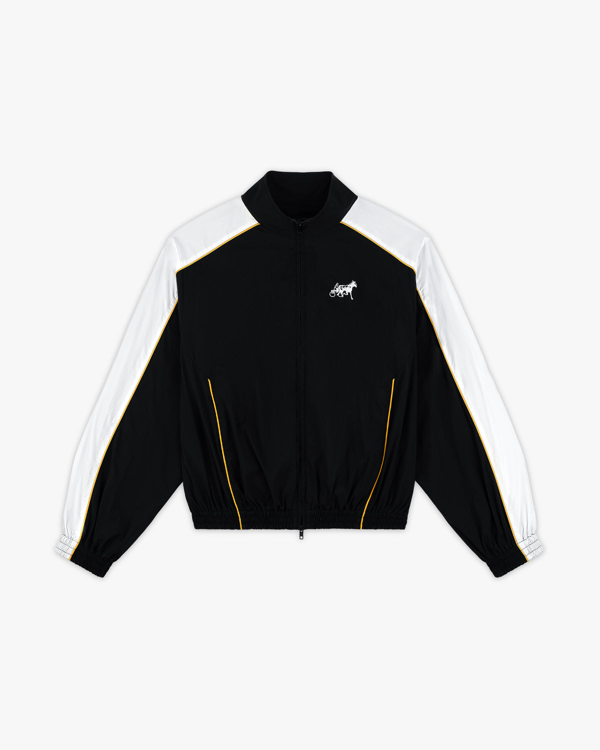 Front view of a black track jacket with white raglan sleeves, yellow piping and white horse and sulky chest logo