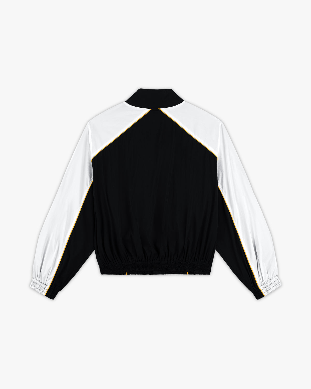 Back view of the black track jacket with white raglan sleeves and elastic hem