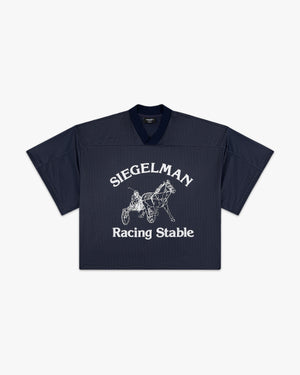 Front view of a navy Racing Stable mesh jersey with white Siegelman, horse and sulky and Racing Stable graphic