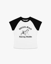Front view of a women's white raglan tee with black sleeves and black Siegelman Racing Stable graphic
